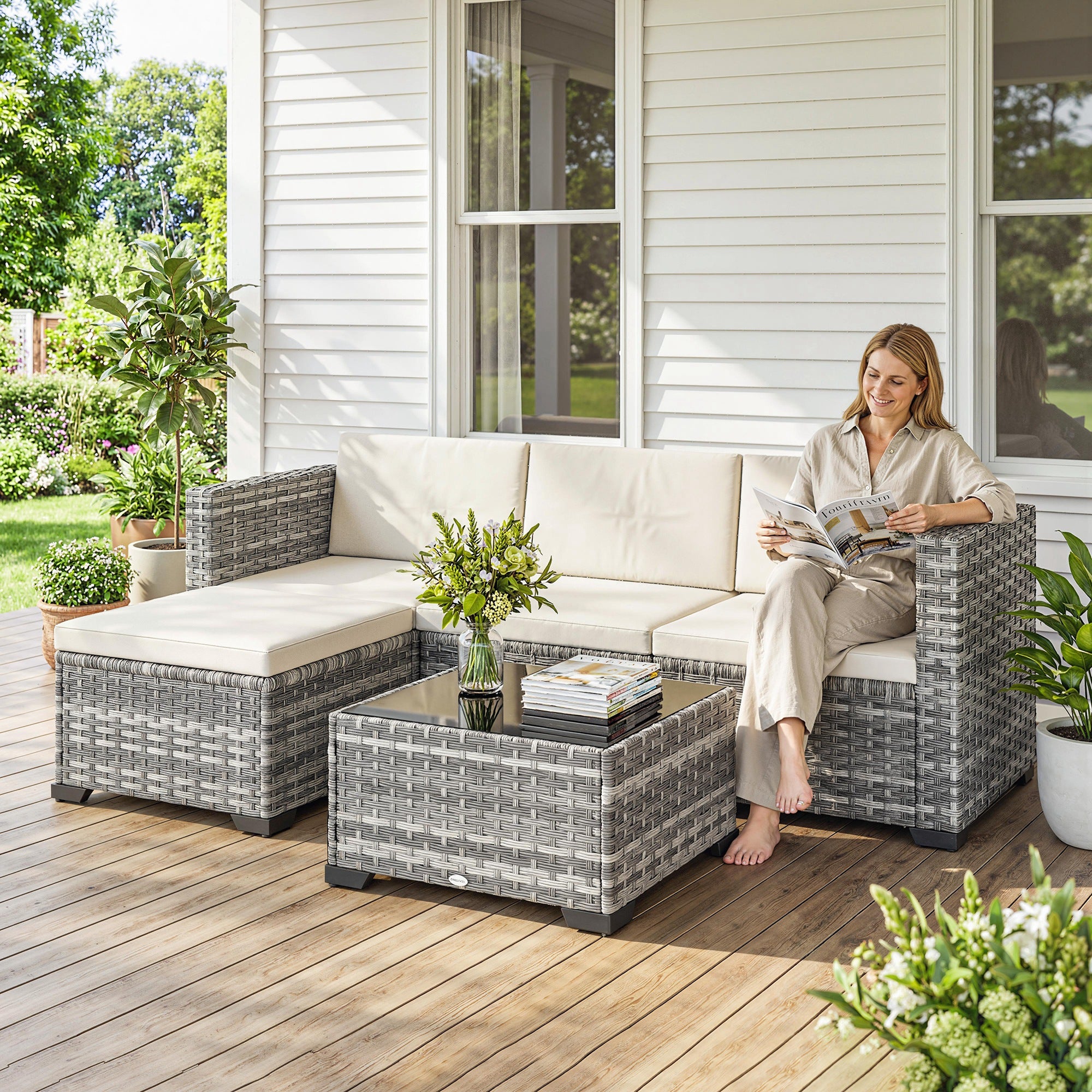 Solarias Ensemble de jardin Polyrattan 5 pièces, set lounge avec canapé d'angle, pouf, table, coussins d'assise et de dossie