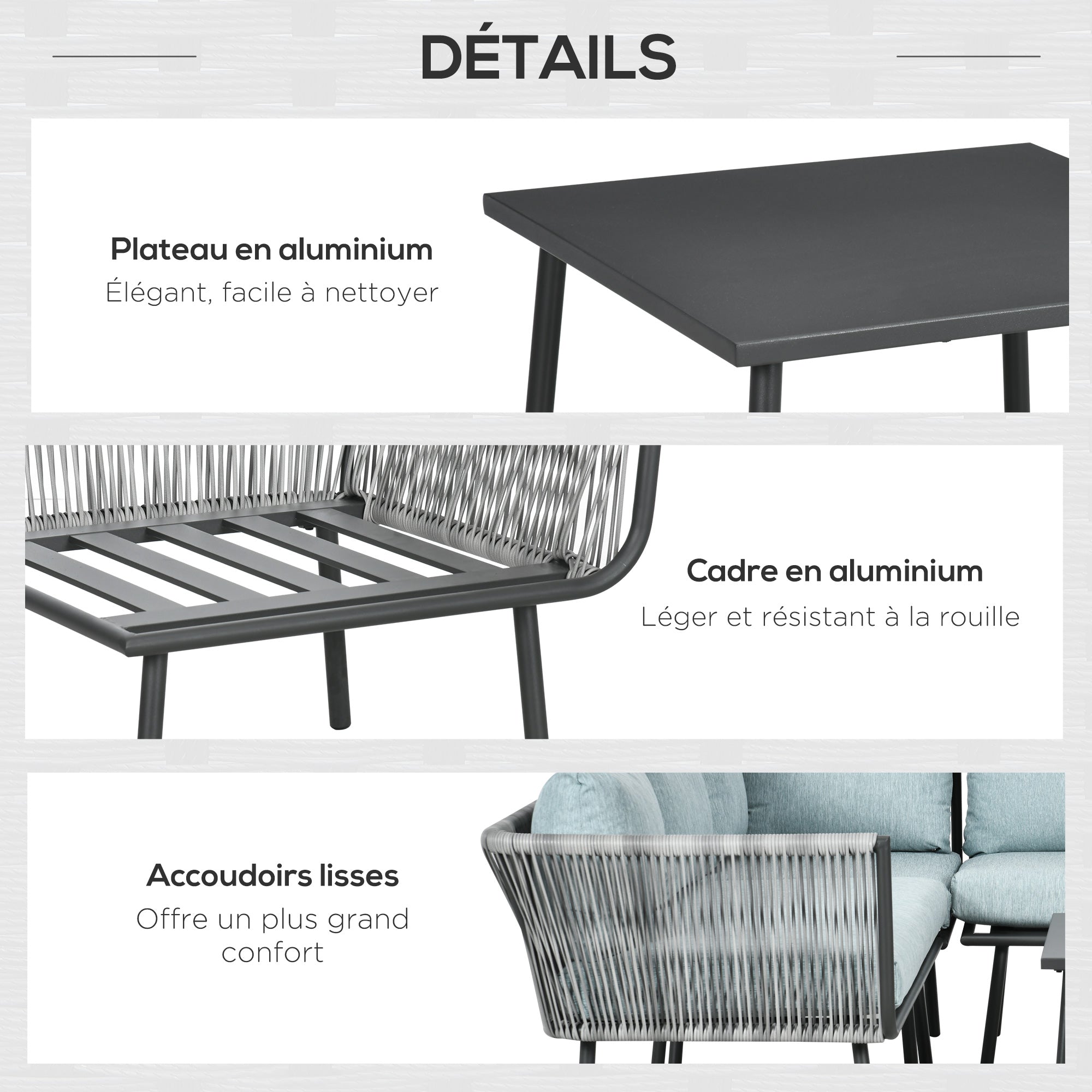 Solarias Salon de jardin d'angle 4 pièces avec 2 canapé d'angle 2 places + 1 canapé d'angle 1 place + table basse coussins g