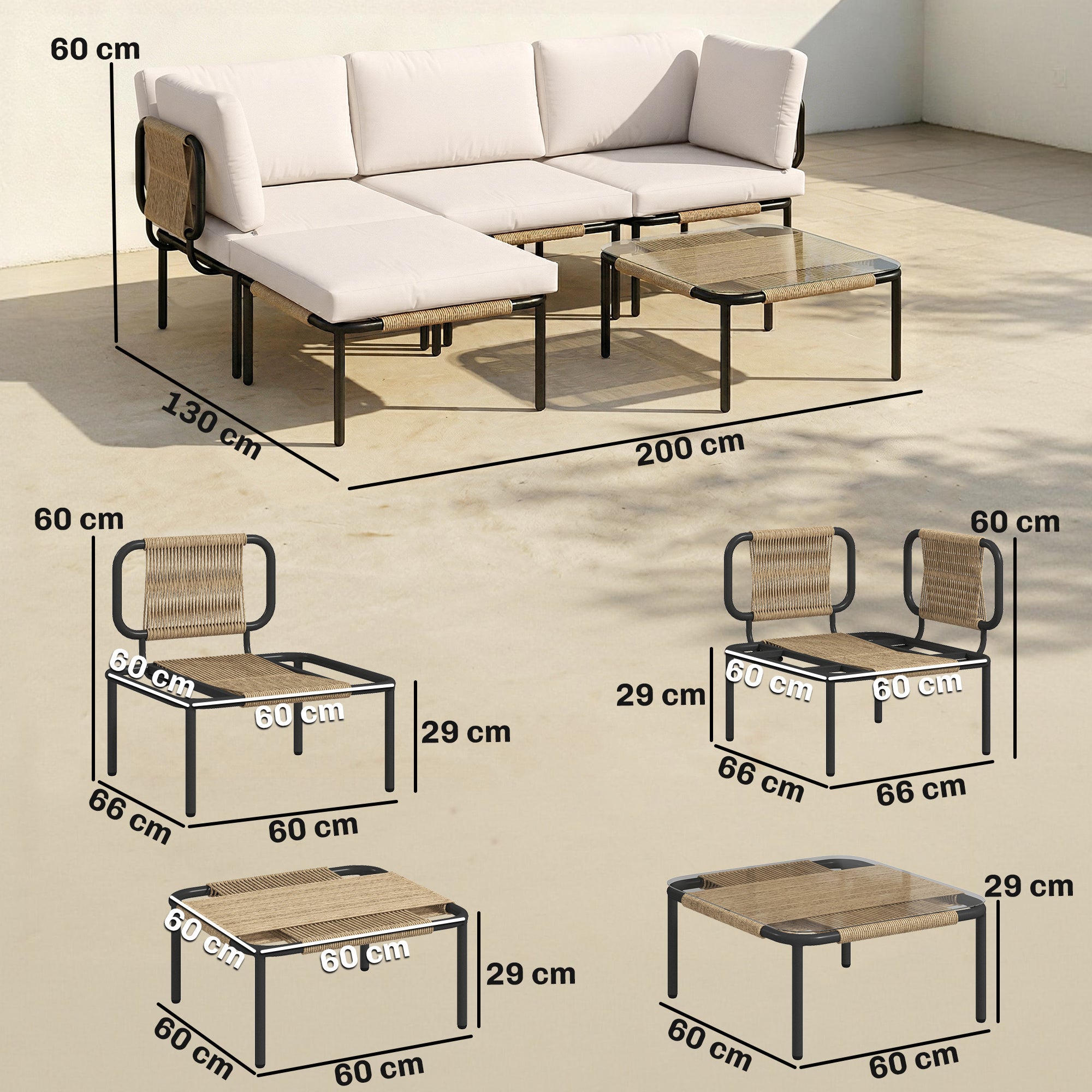 Solarias Ensemble lounge en Polyrattan 5 pièces avec 3 fauteuils, table en verre, repose-pieds, assise large & profonde, cou