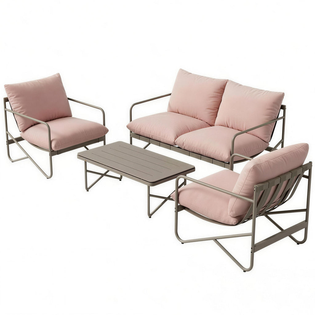 Solarias Ensemble de jardin 4 personnes : Canapé, Fauteuils, Table, Métal, Rose