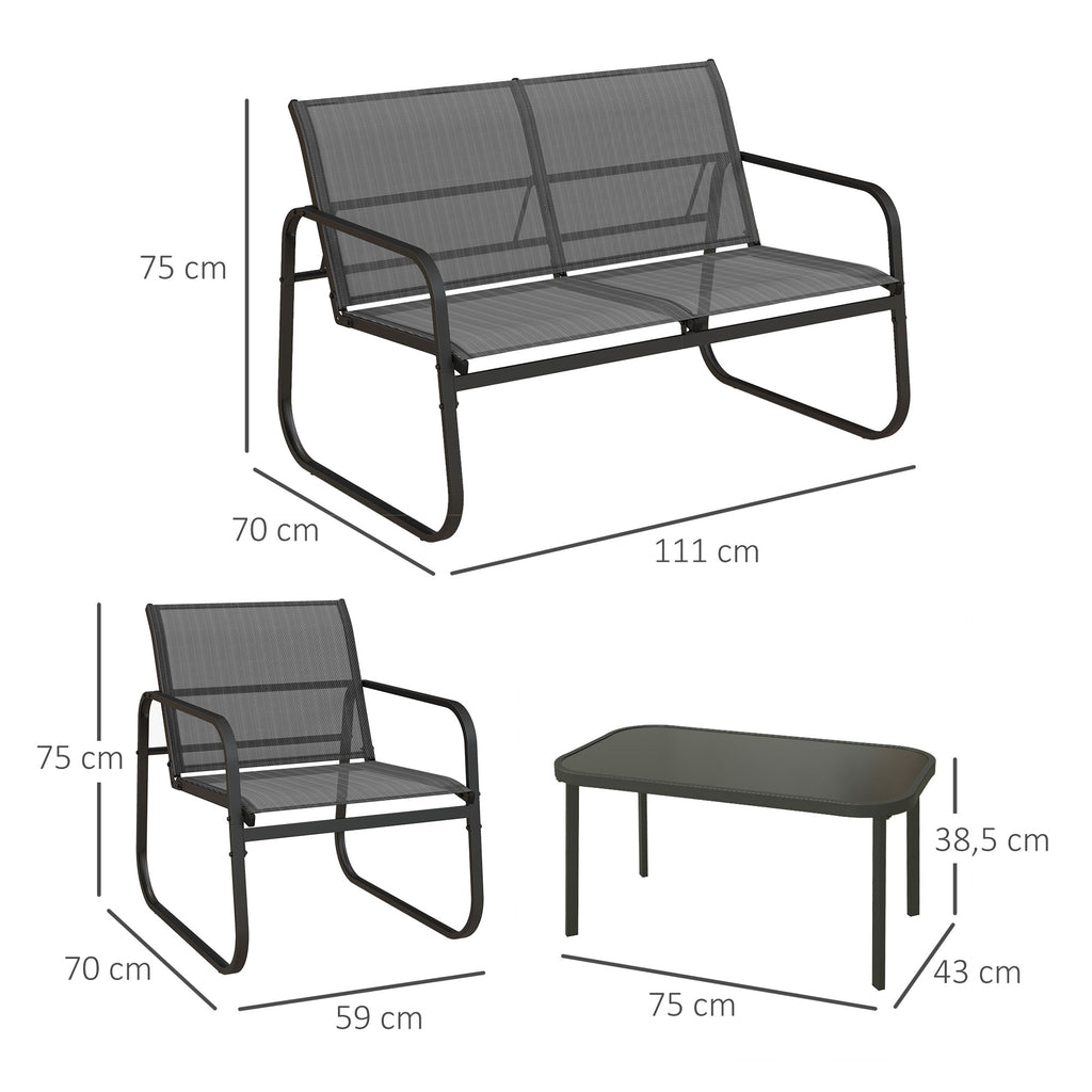 Solarias Salon de jardin 4 pièces avec 2 fauteuils 1 canapé 2 places d'extérieur et table basse plateau en verre trempé