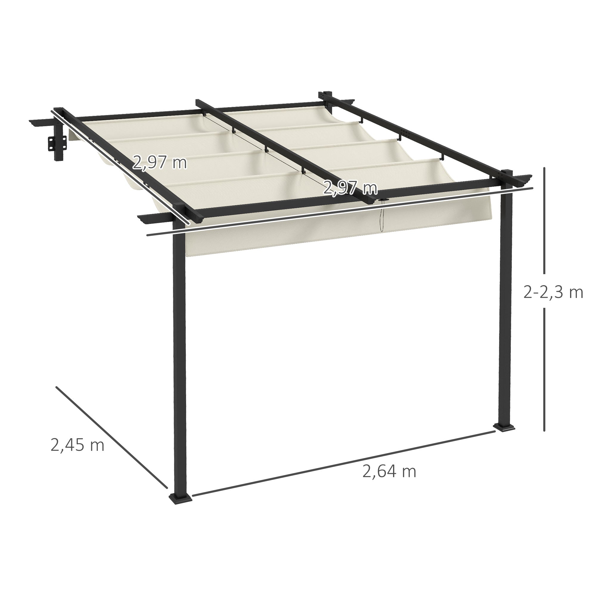 Solarias Pavillon de jardin 3 x 3m, auvent rétractable, montage mural, cadre en métal, Blanc crème