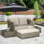Solarias Ensemble salon de jardin 4 pièces canapé 2 places + 1 repose-pieds + 2 table basse avec coussins beige marron
