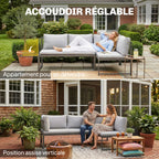 Solarias Salon de Jardin Mobilier de Terrasse 3 Pièces 4 Places Modulable avec Accoudoir Réglable Coussins Épais 16cm Gris