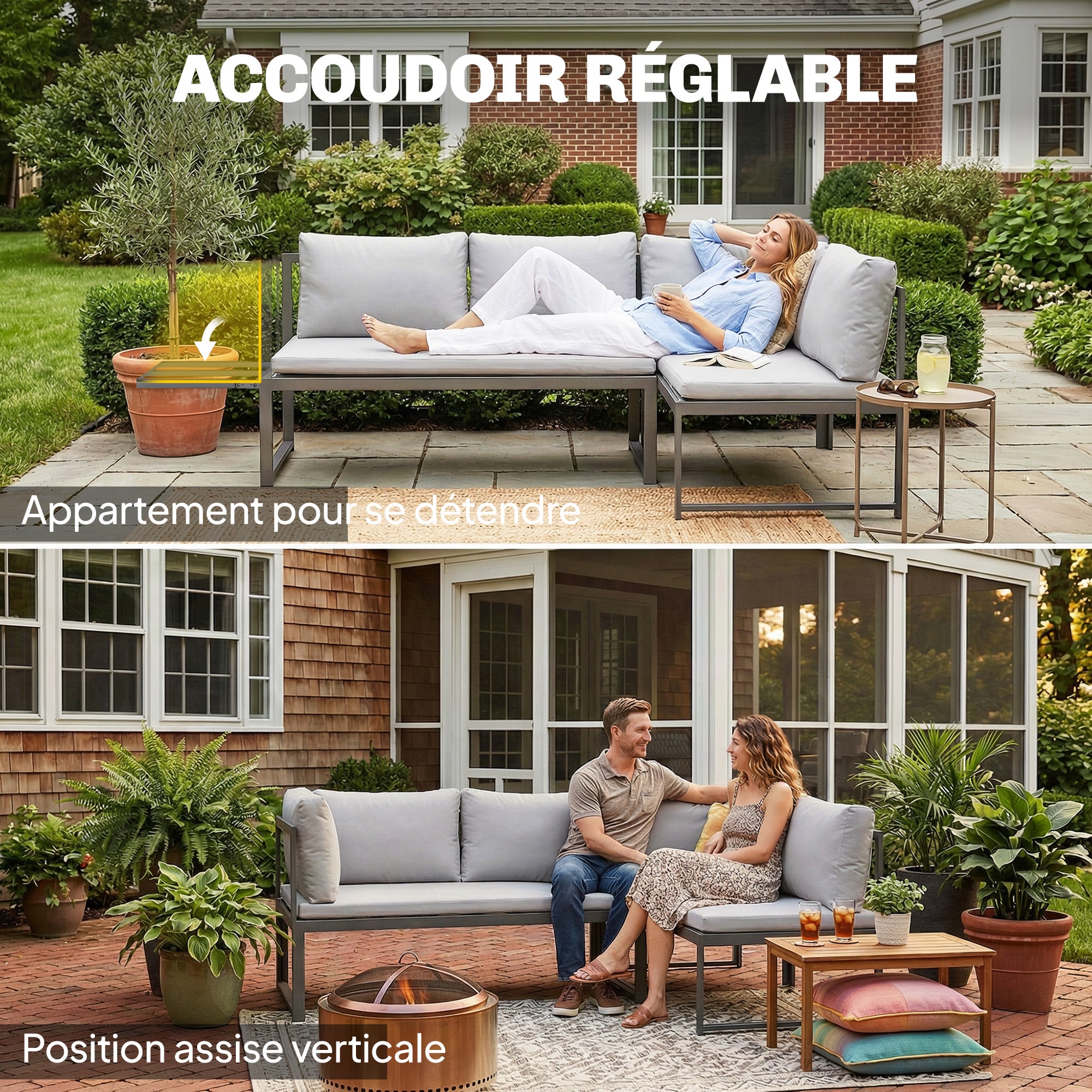 Solarias Salon de Jardin Mobilier de Terrasse 3 Pièces 4 Places Modulable avec Accoudoir Réglable Coussins Épais 16cm Gris
