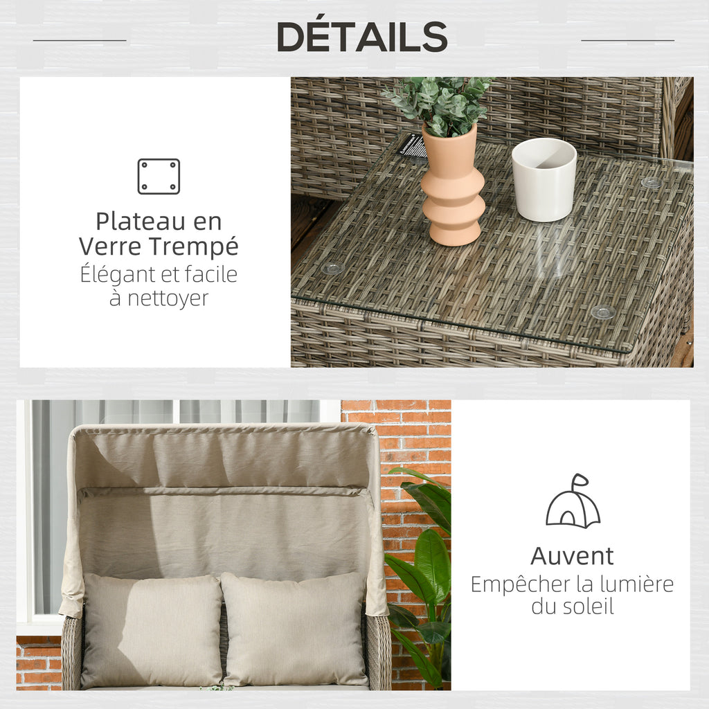 Solarias Ensemble salon de jardin 4 pièces canapé 2 places + 1 repose-pieds + 2 table basse avec coussins beige marron