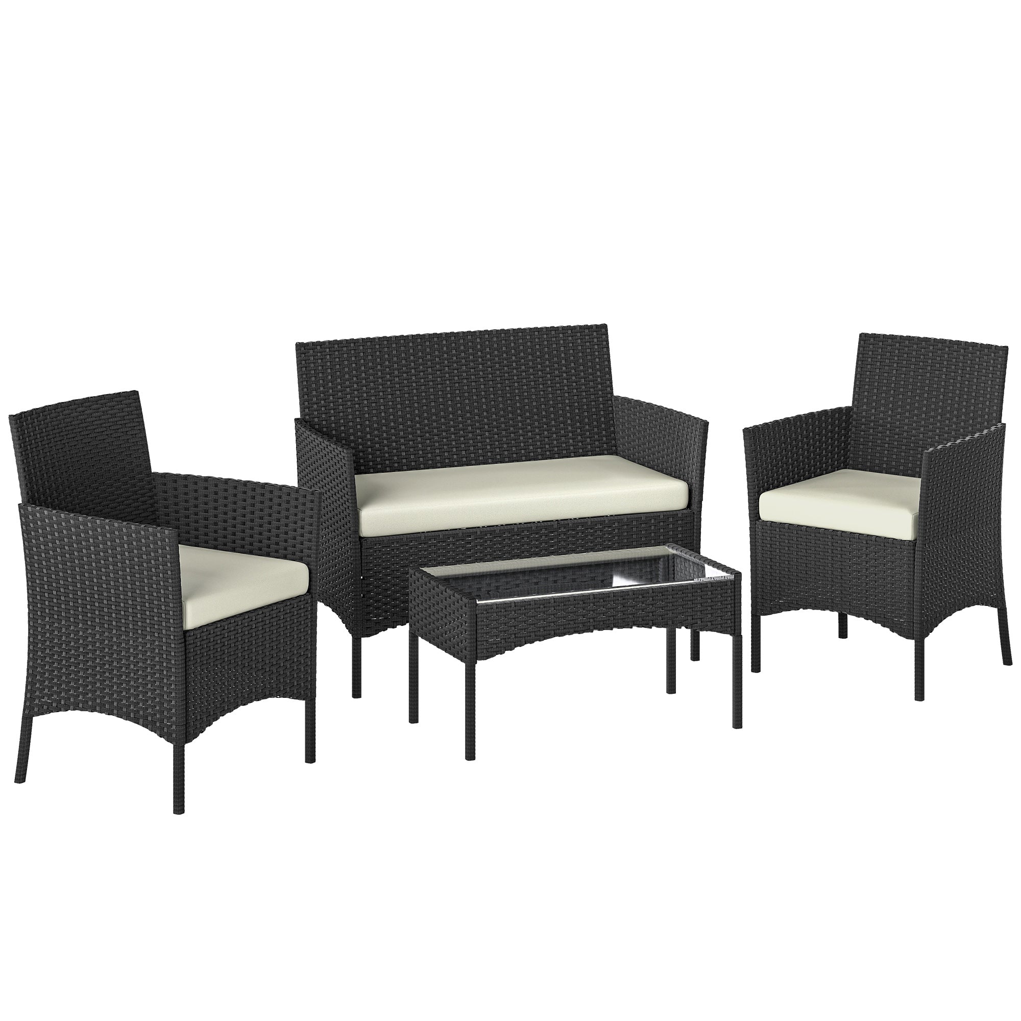Solarias Ensemble mobilier de jardin en rotin synthétique avec canapé, fauteuils et table en verre trempé et coussins Noir e