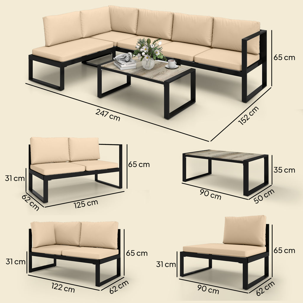 Solarias Ensemble de jardin 4 pièces, ensemble canapé avec 2 canapés 2 places, fauteuil sans accoudoirs, table basse, pour b