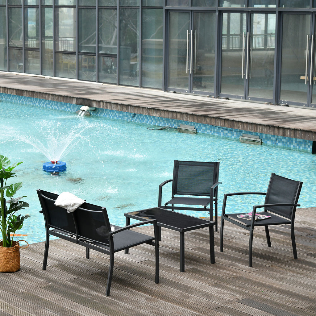 Solarias Salon de jardin extérieur 4 pièces avec canapé 2 places, 2 chaises et table basse en verre trempé, coussins inclus,