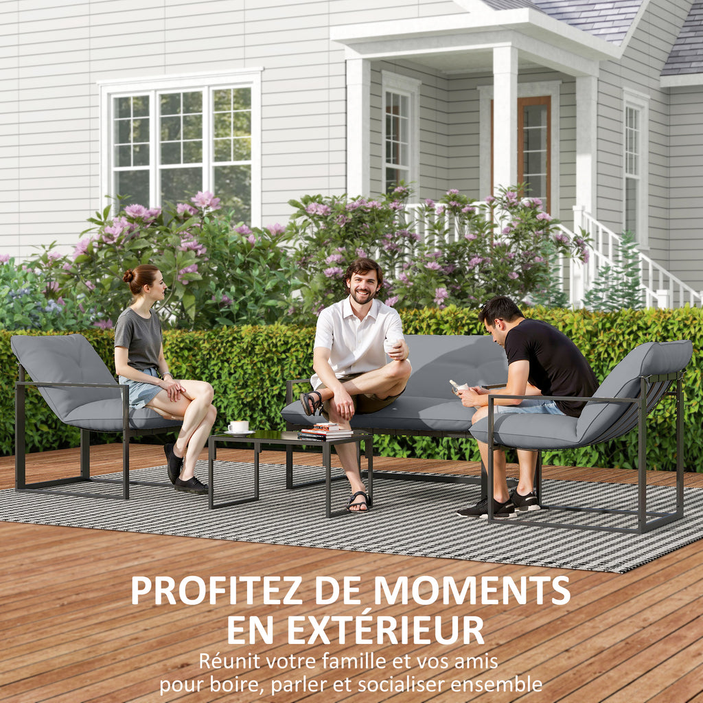 Solarias Salon de jardin 4 pièces 4 personnes avec canapé 2 places, 2 fauteuils et 1 table basse gris