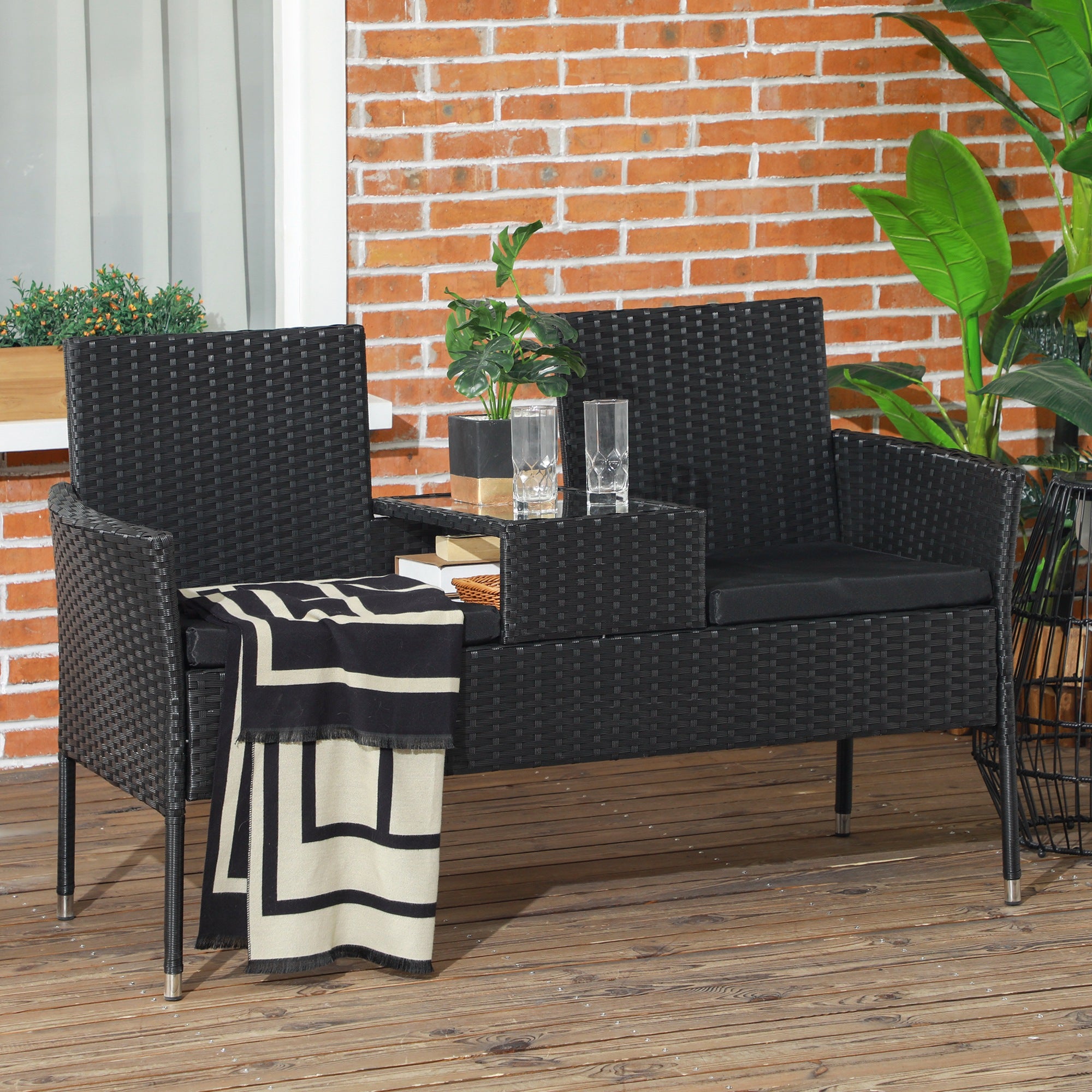 Solarias Canapé de Jardin 2 Places avec Table Basse, en Acier et Rotin PE, 137x59x82 cm, Noir
