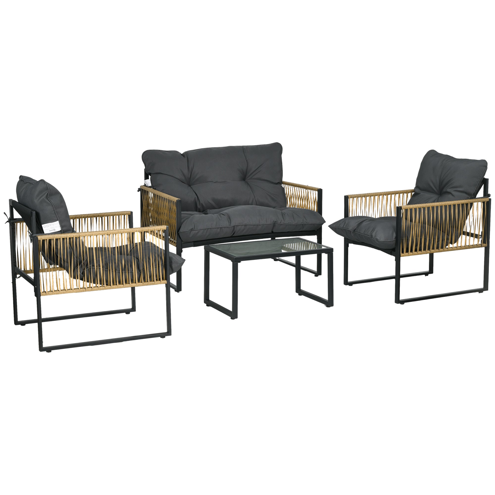 Solarias Ensemble salon de jardin 4 pièces canapé 2 places 2 fauteuils et 1 table basse plateau verre trempé 3 coussins - gr