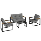 Solarias Salon de jardin extérieur 4 personnes avec canapé, 2 fauteuils et table basse en verre trempé, coussins inclus, gri