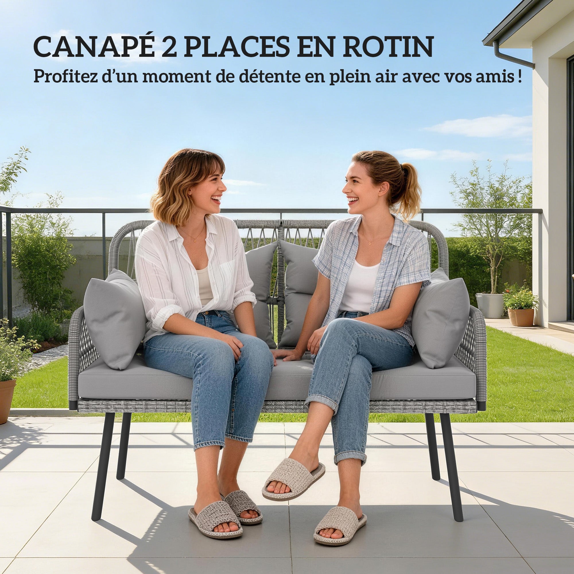 Solarias Canapé de jardin avec coussins et oreillers 2 places en résine tressée, canapé d'extérieur avec accoudoirs gris fon