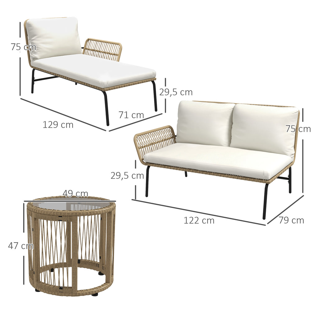 Solarias Salon de jardin extérieur d'angle 3 places en résine tressée avec canapés, chaise longue, table basse et coussins, 