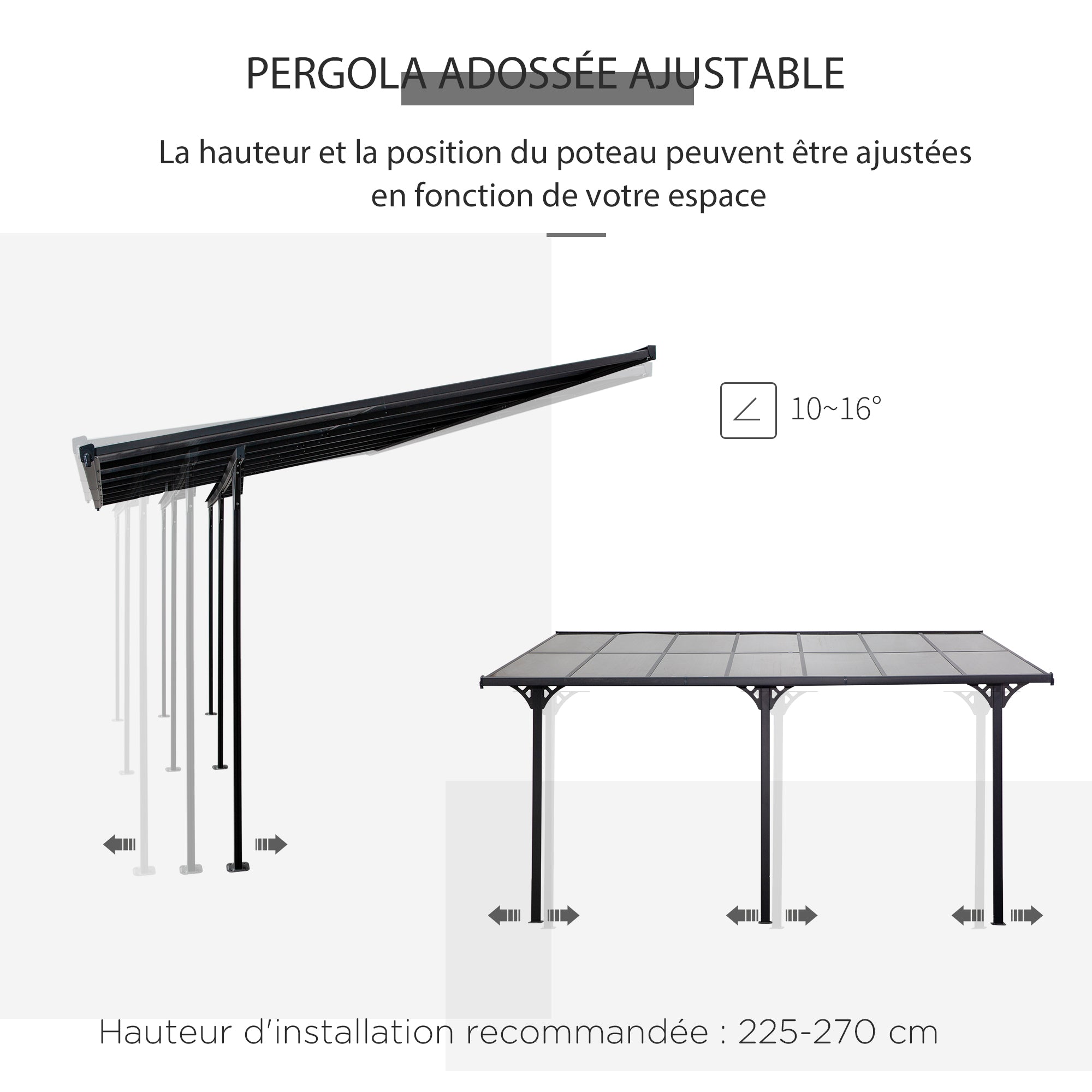 Solarias Pergola adossée aluminium 4,5 x 3 m avec toit en polycarbonate résistant UV, gouttière intégrée, tonnelle de jardin