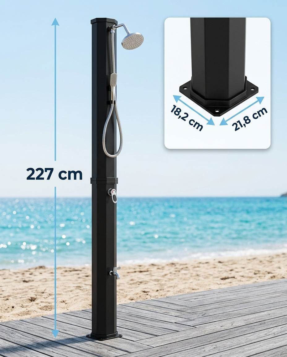 Solarias Douche Solaire 60L XXL – Familiale, Douchette à Main, Mitigeur — dimensions 227cm