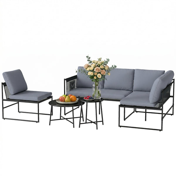 Solarias Salon de Jardin Extérieur 5 Pièces, 2 Canapés, 2 Tables, 1 Chaise, Pochette de Rangement, 182x167x65cm, Gris Fo