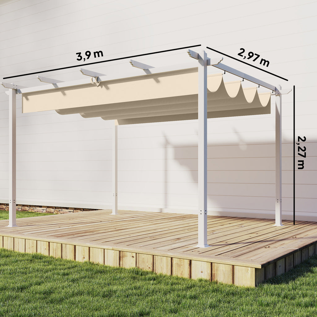 Solarias Pergola Tonnelle de Jardin Toit Rétractable avec Toile Coulissante Magnétique et Trous de Drainage 390x297x227cm Be