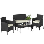 Solarias Ensemble mobilier de jardin en rotin synthétique avec canapé, fauteuils et table en verre trempé et coussins Noir e