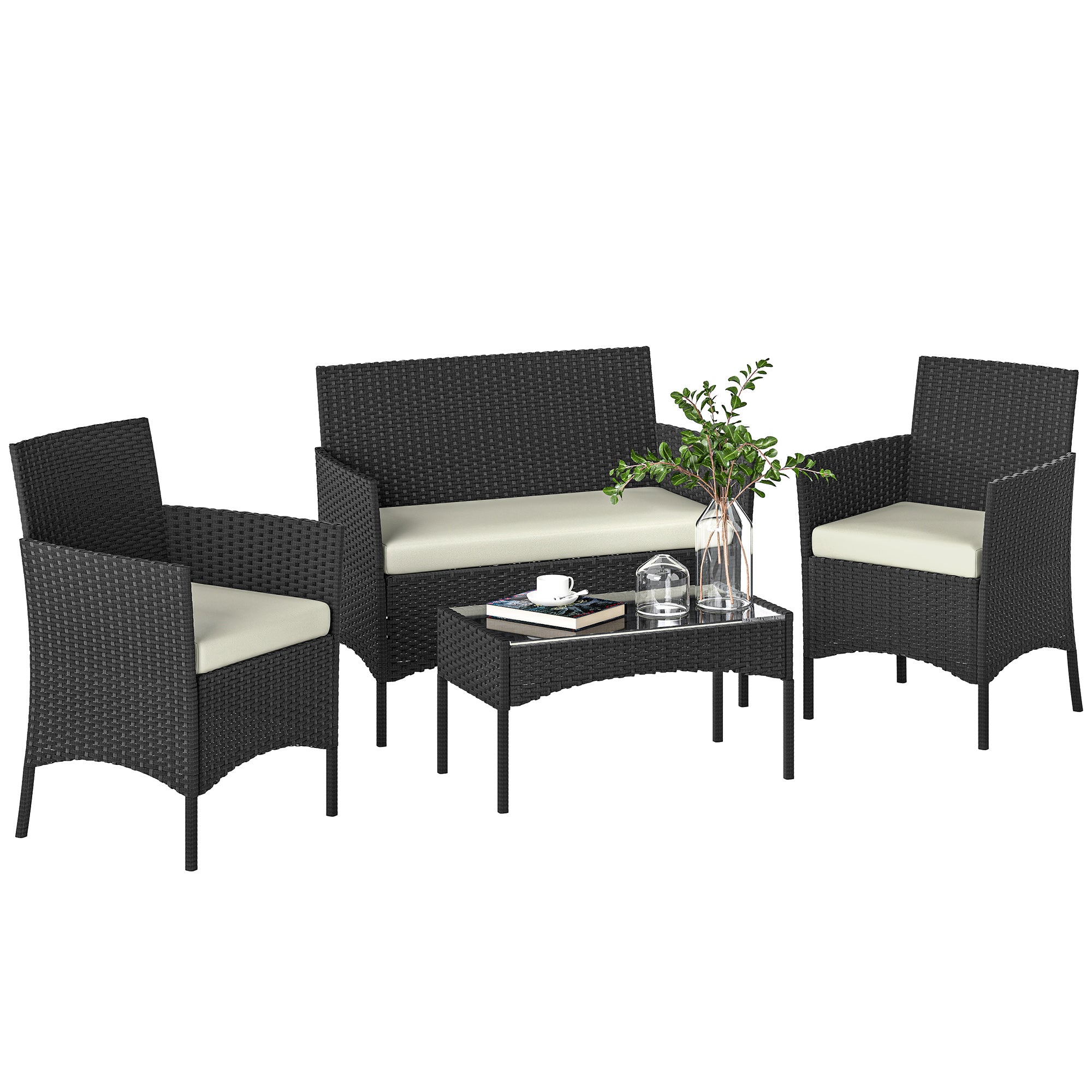 Solarias Ensemble mobilier de jardin en rotin synthétique avec canapé, fauteuils et table en verre trempé et coussins Noir e