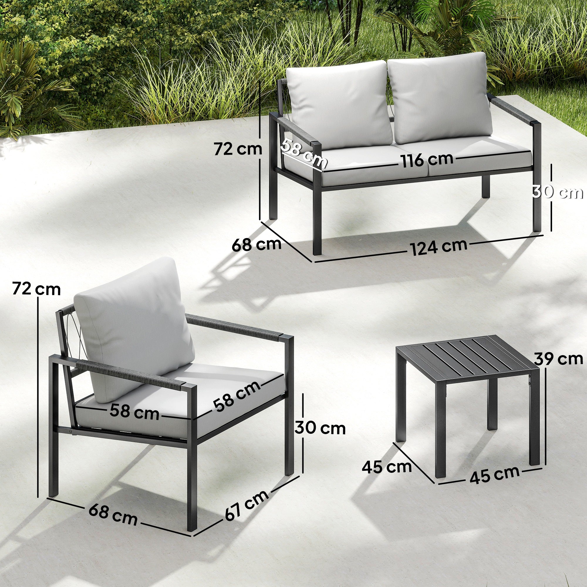 Solarias Ensemble de jardin 4 personnes résistant aux intempéries - ensemble balcon avec canapé 2 places, fauteuils, coussin
