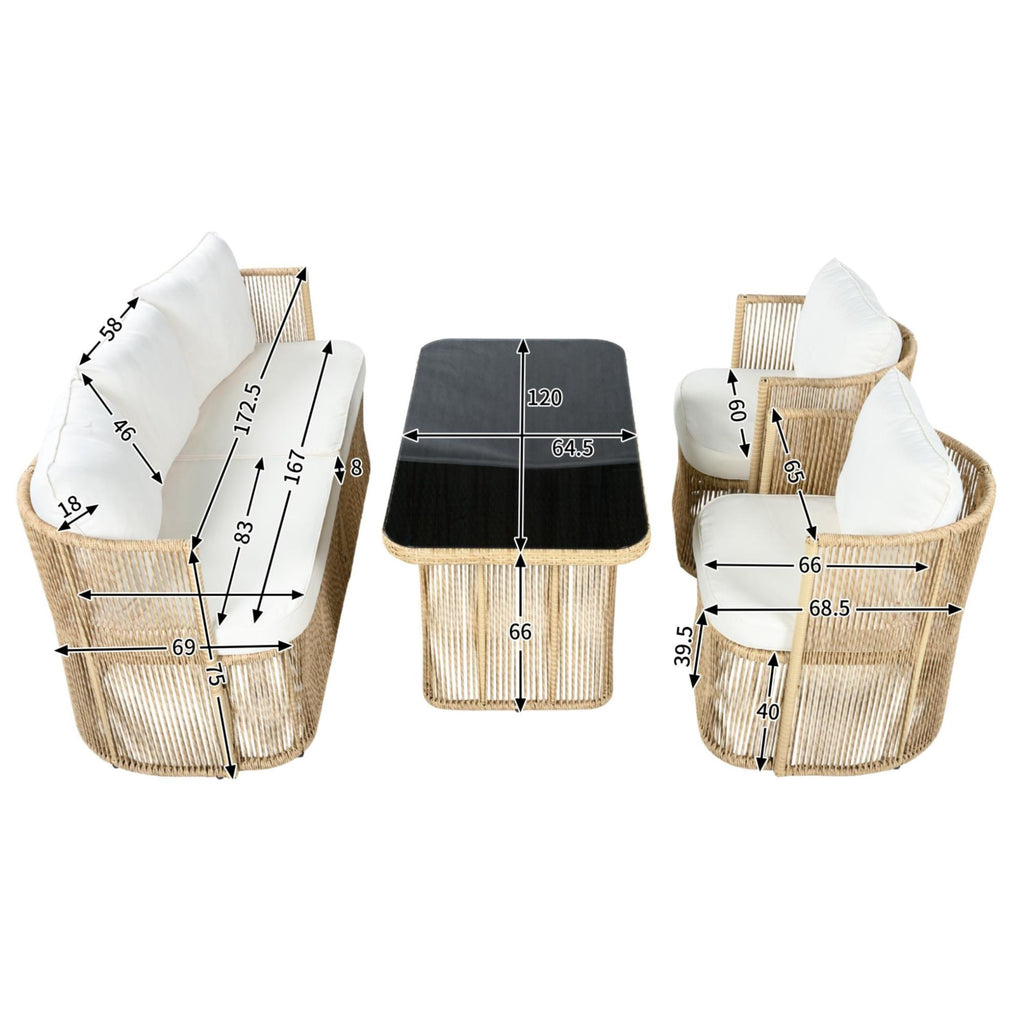 Solarias Ensemble de jardin 5‑pièces PE‑rotin, canapé 3‑places, 2 fauteuils et table en verre, Beige+Noir+Blanc