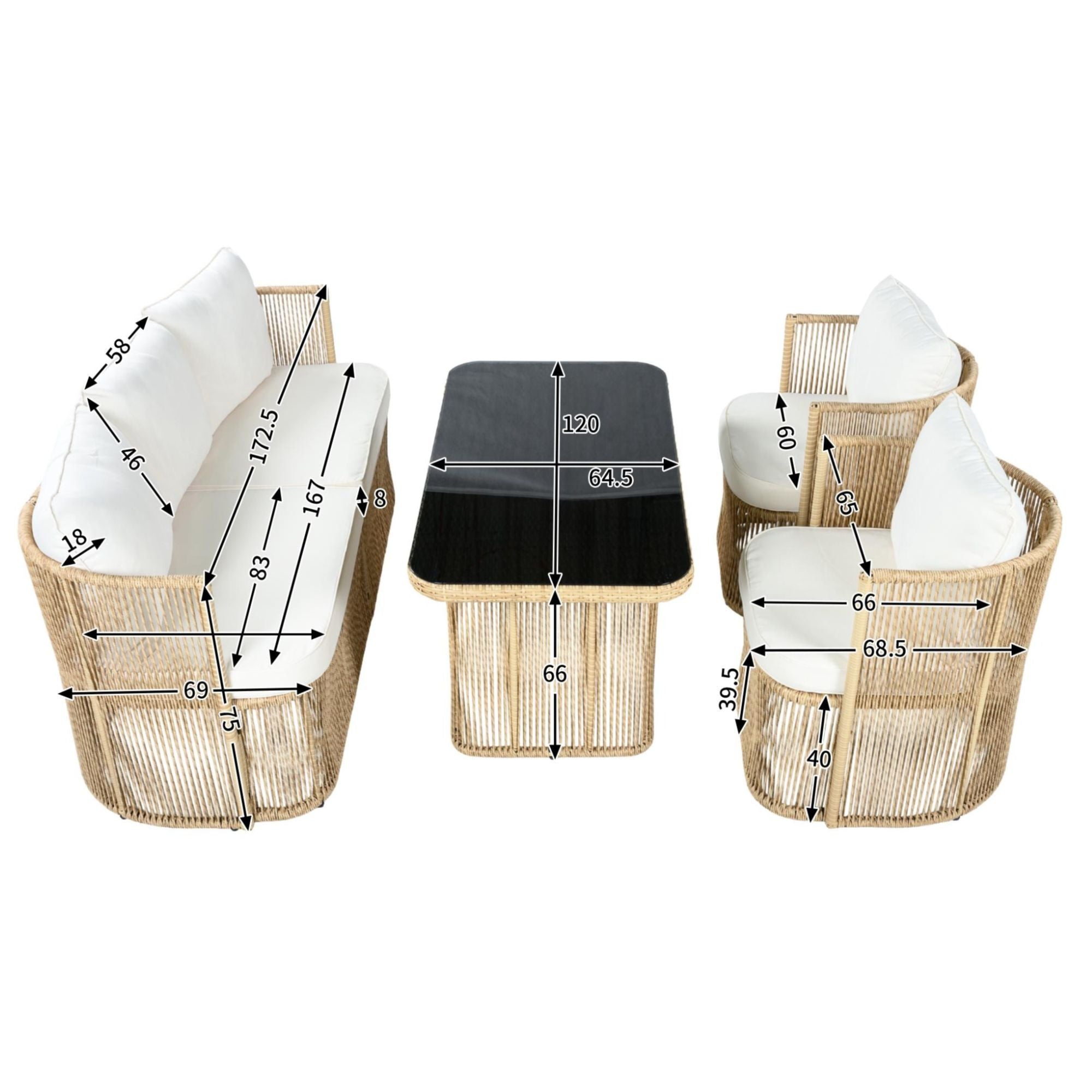 Solarias Ensemble de jardin 5‑pièces PE‑rotin, canapé 3‑places, 2 fauteuils et table en verre, Beige+Noir+Blanc