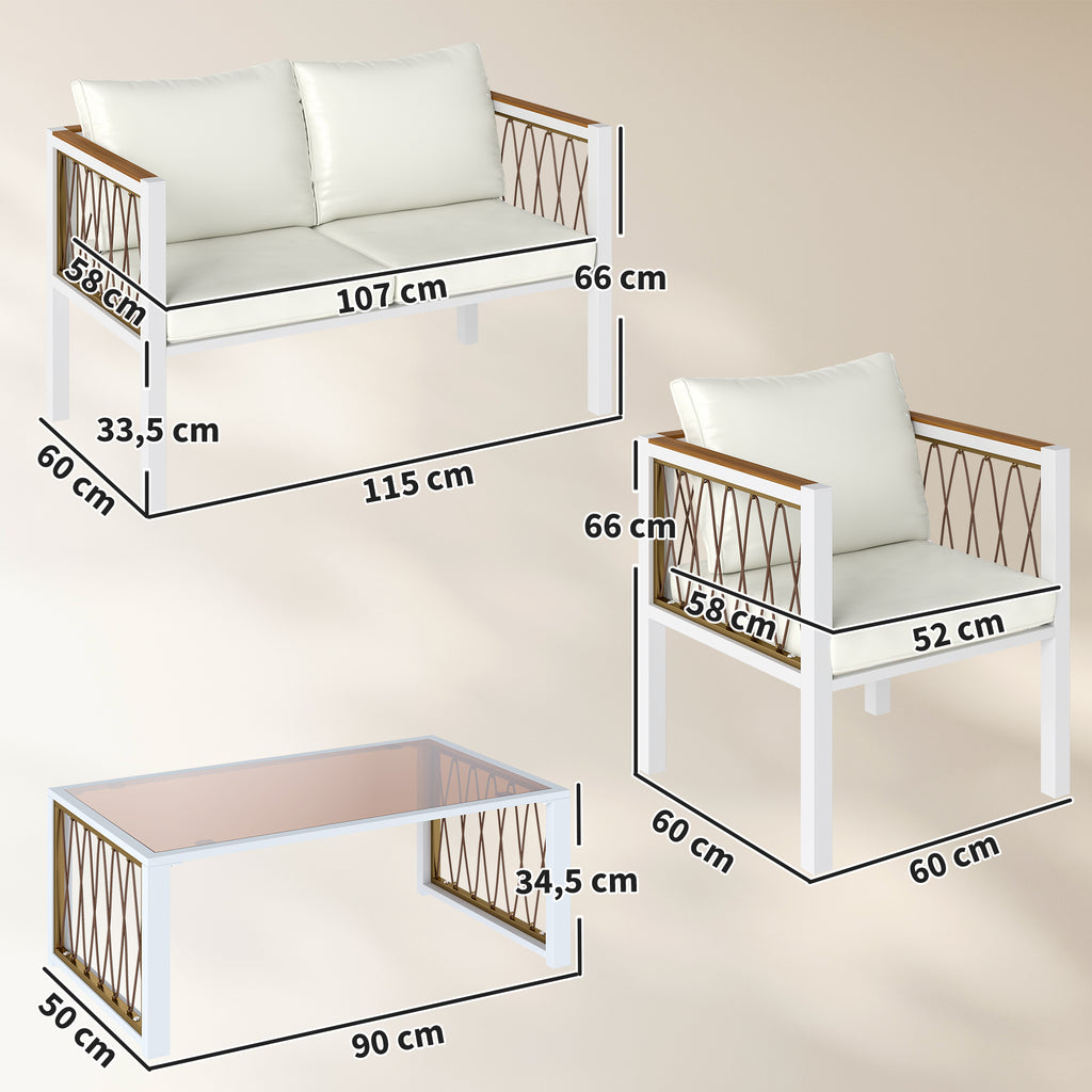 Solarias Ensemble de jardin 4 pièces en polyrattan, salon avec canapé 2 places, 2 fauteuils, table en verre, coussins amovib