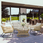 Solarias Salon de jardin 4 pièces en résine tressée canapé 2 places + 2 fauteuils + 1 table basse sable et crème