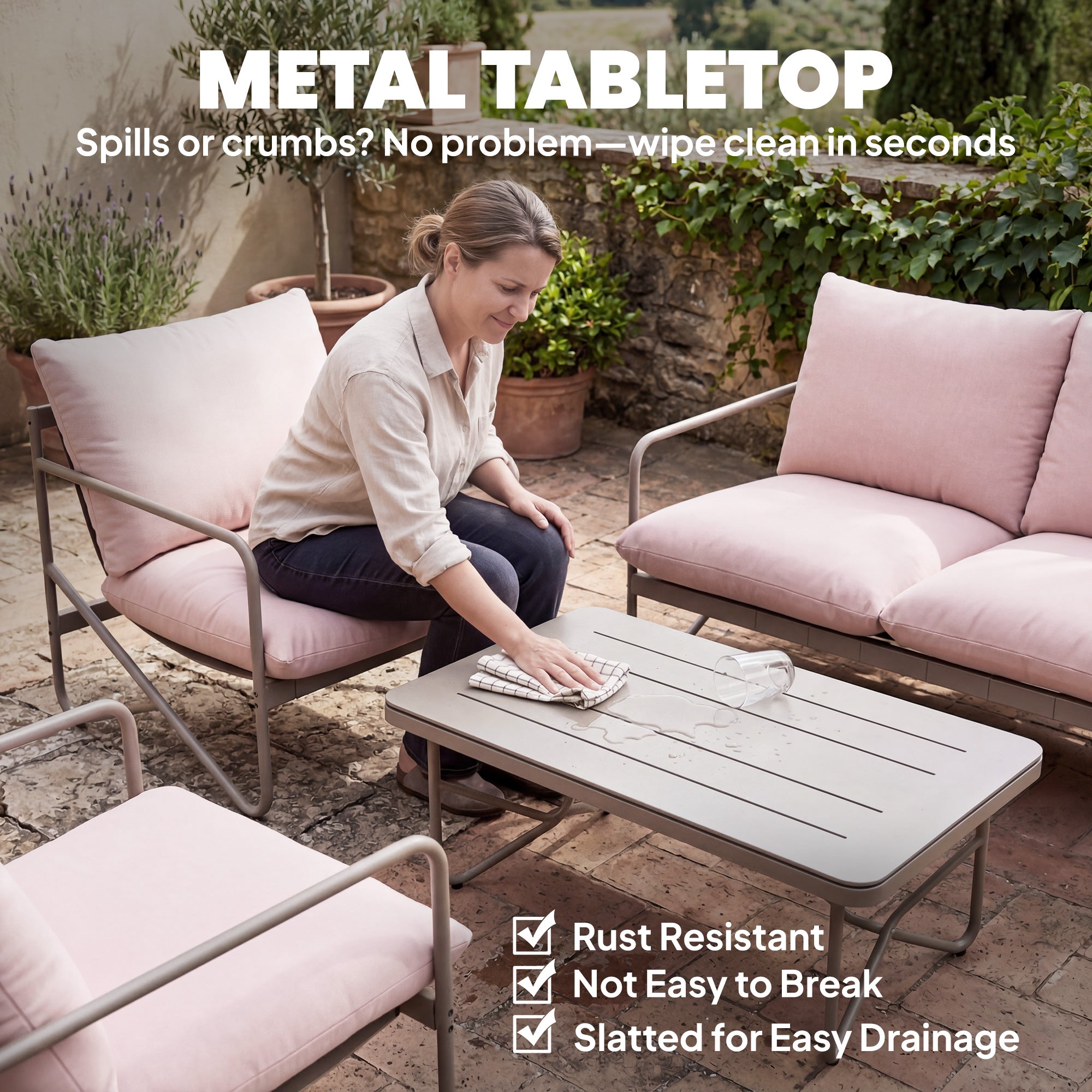 Solarias Ensemble de jardin 4 personnes : Canapé, Fauteuils, Table, Métal, Rose