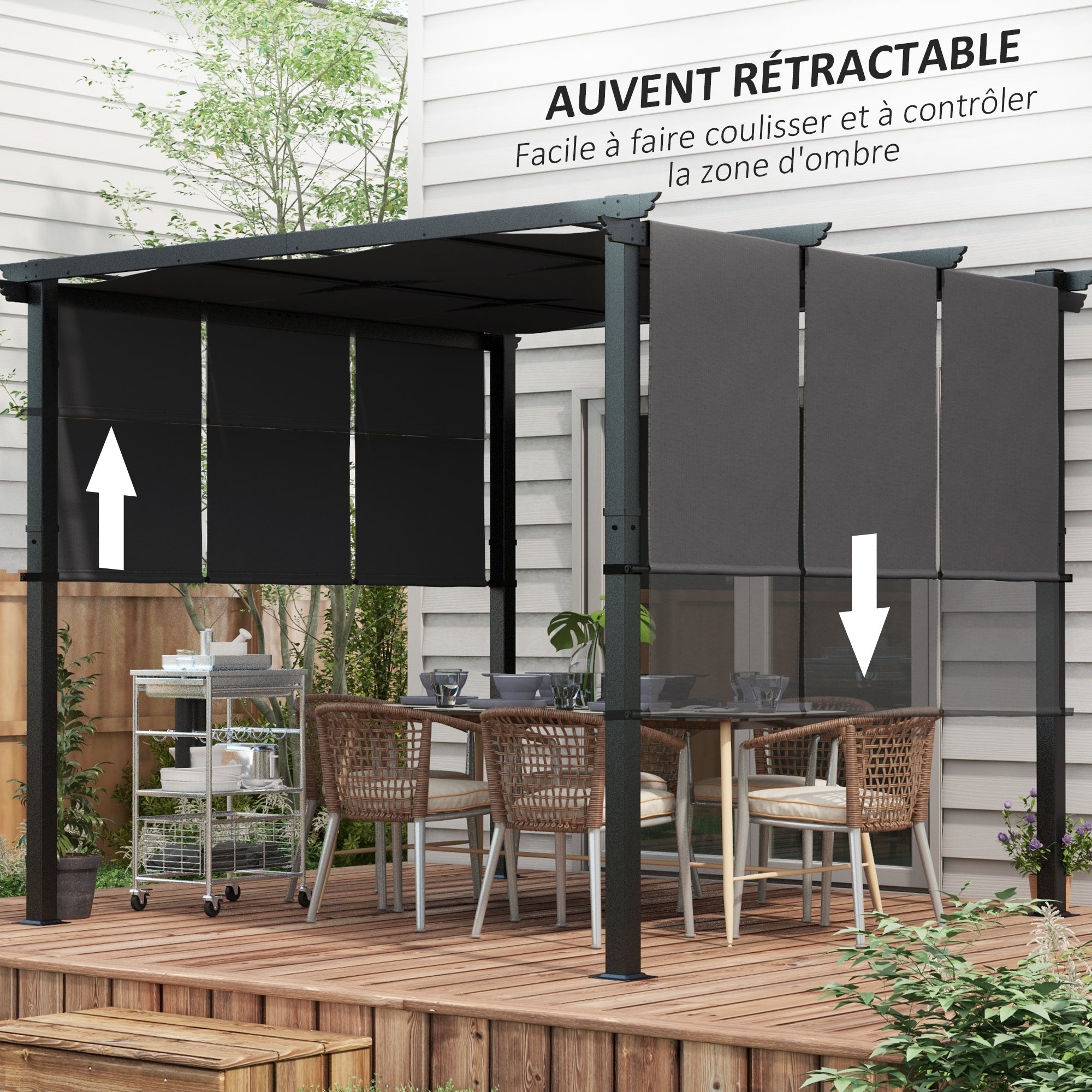 Solarias Pergola avec 3 toiles coulissantes 3L x 3l m structure métal époxy anticorrosion toile polyester gris