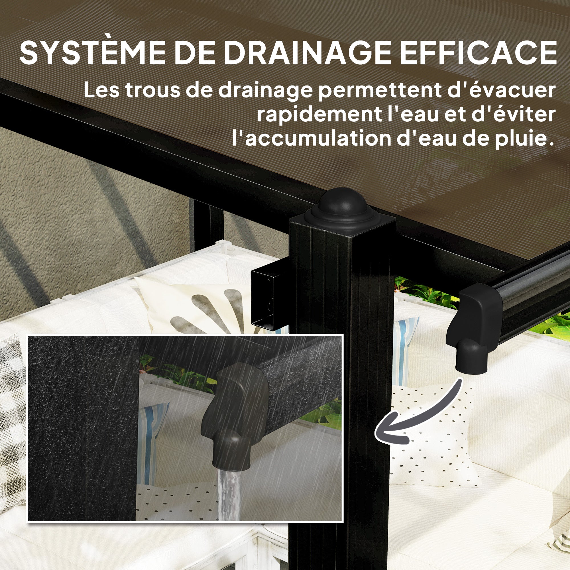 Solarias Pergola jardin extérieur en aluminium 3 x 3 m avec toit en polycarbonate imperméable et système de drainage, gris