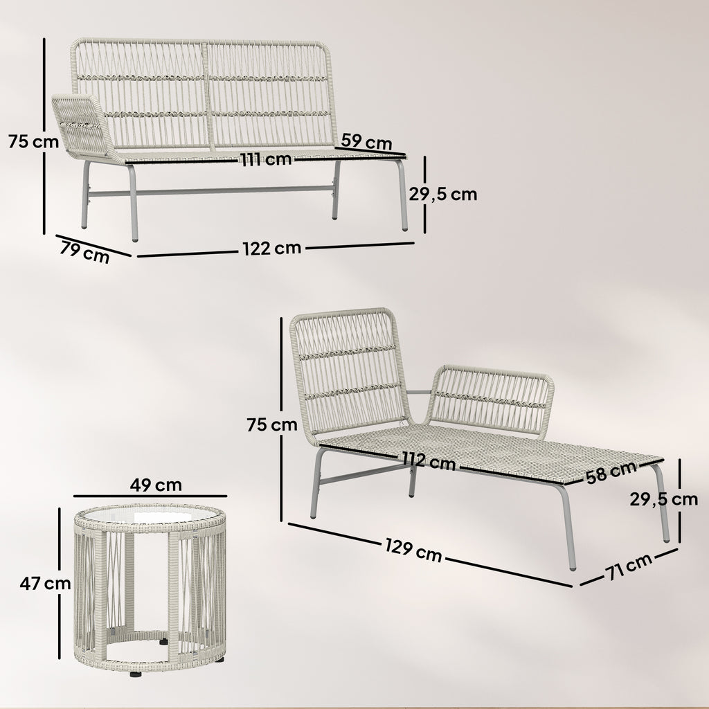 Solarias Polyrattan Set de meubles de jardin 3 pièces, salon avec chaiselongue canapé 2 places table en verre coussins amovi