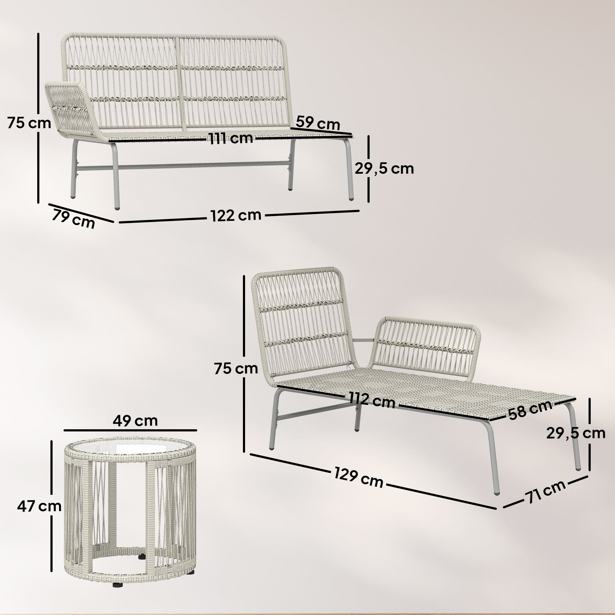 Solarias Polyrattan Set de meubles de jardin 3 pièces, salon avec chaiselongue canapé 2 places table en verre coussins amovi