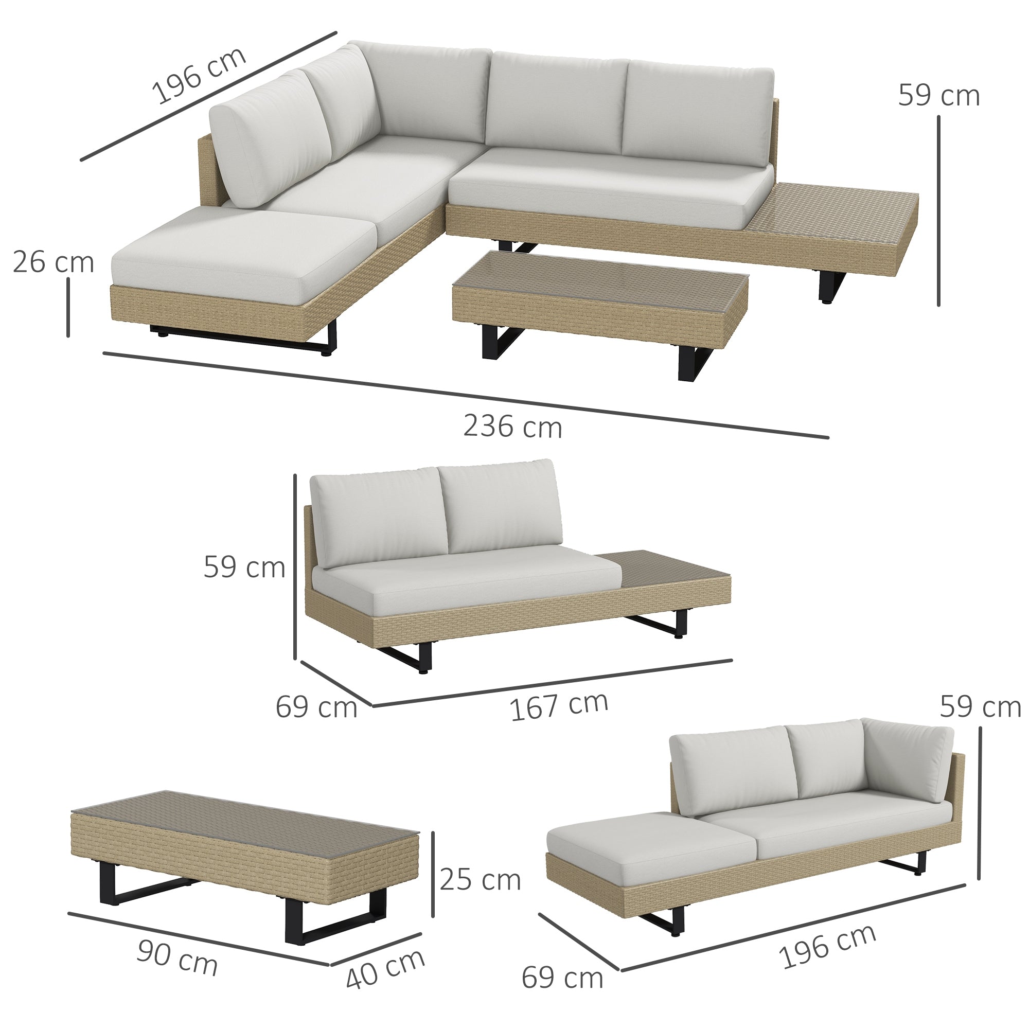 Solarias Salon de jardin d'angle 5 places design contemporain coussins déhoussables table basse acier époxy résine tressée b