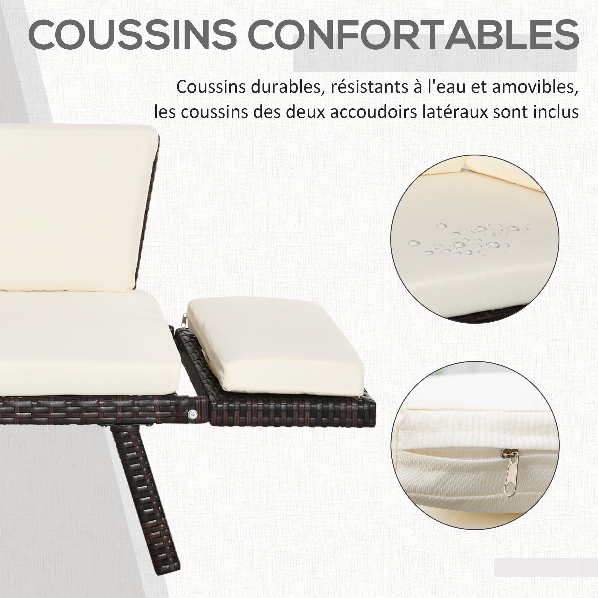 Solarias Canapé lit de jardin extensible 3 places grand confort 4 coussins écru inclus résine tressée imitation rotin chocol