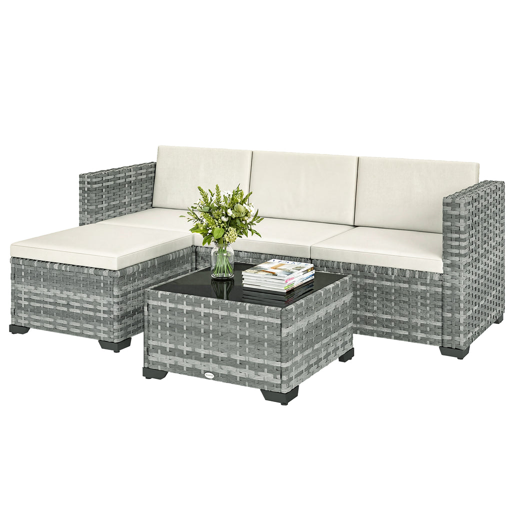 Solarias Ensemble de jardin Polyrattan 5 pièces, set lounge avec canapé d'angle, pouf, table, coussins d'assise et de dossie