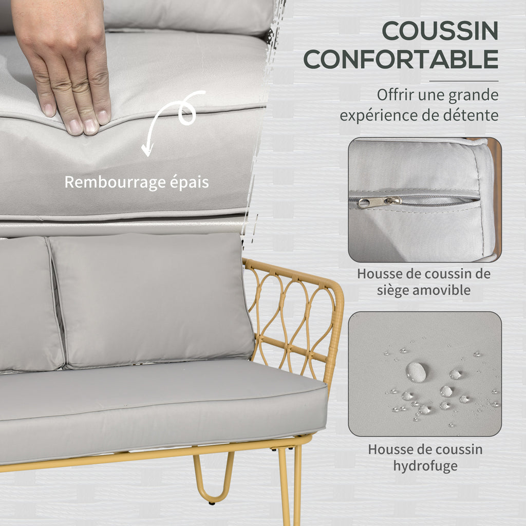 Solarias Ensemble salon de jardin canapé 2 places + 2 fauteuils + 1 table basse plateau verre trempé 7 coussins gris
