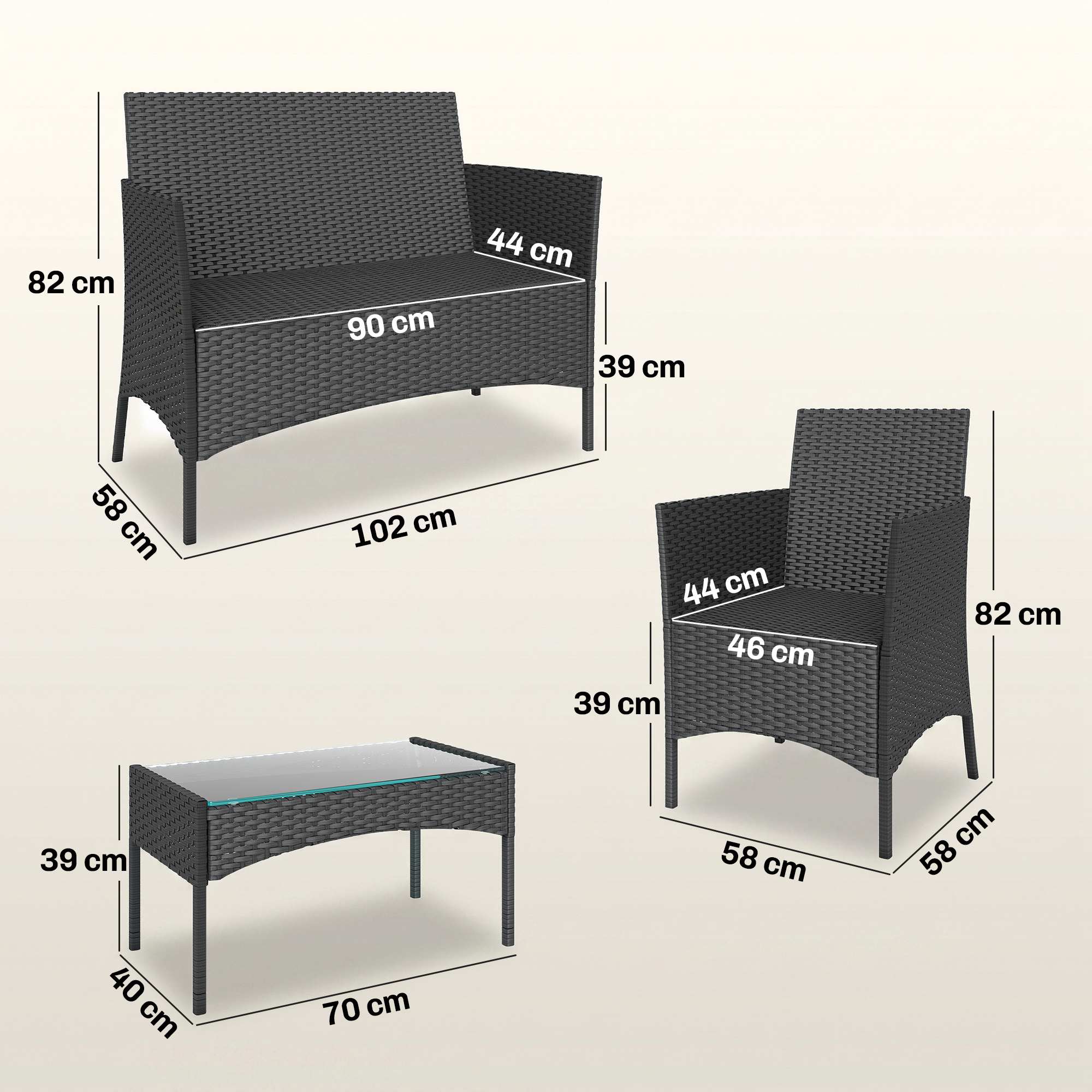 Solarias Salon de jardin extérieur 4 personnes en résine tressée avec canapés et table basse en verre trempé coussins inclus