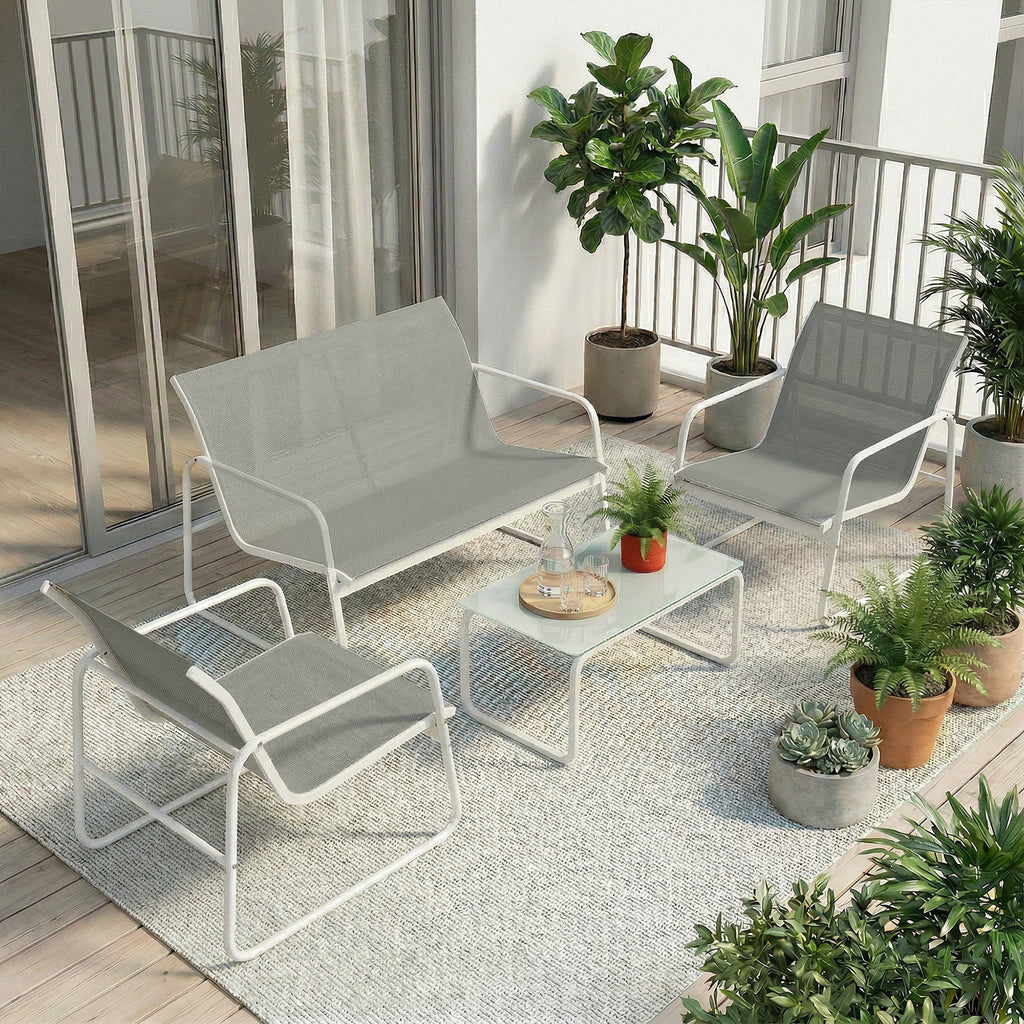 Solarias Ensemble Jardin Extérieur 4 Pièces avec Canapé 2 Places 2 Fauteuils Table en Verre Trempé Tissu Textilene Gris Clar