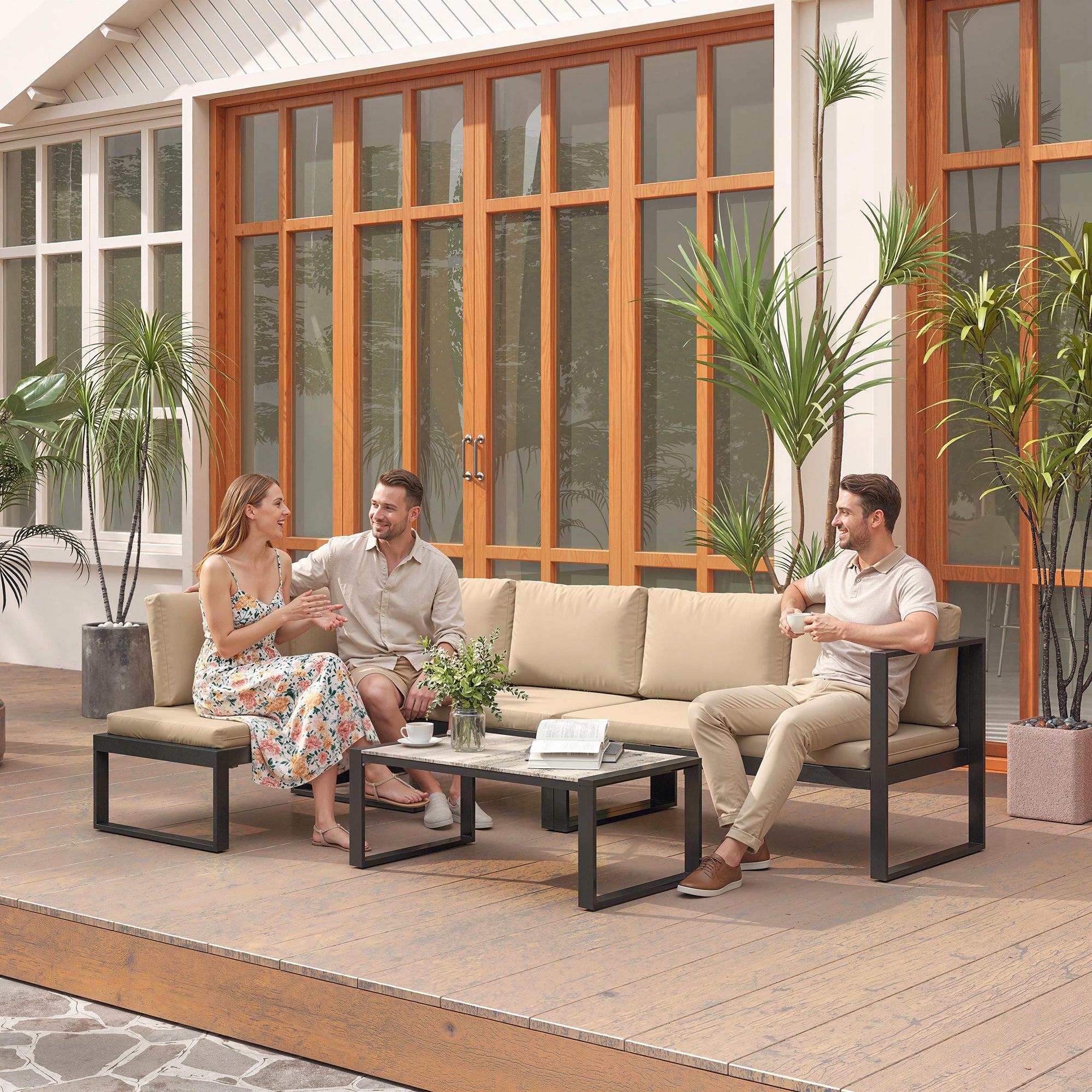Solarias Ensemble de jardin 4 pièces, ensemble canapé avec 2 canapés 2 places, fauteuil sans accoudoirs, table basse, pour b