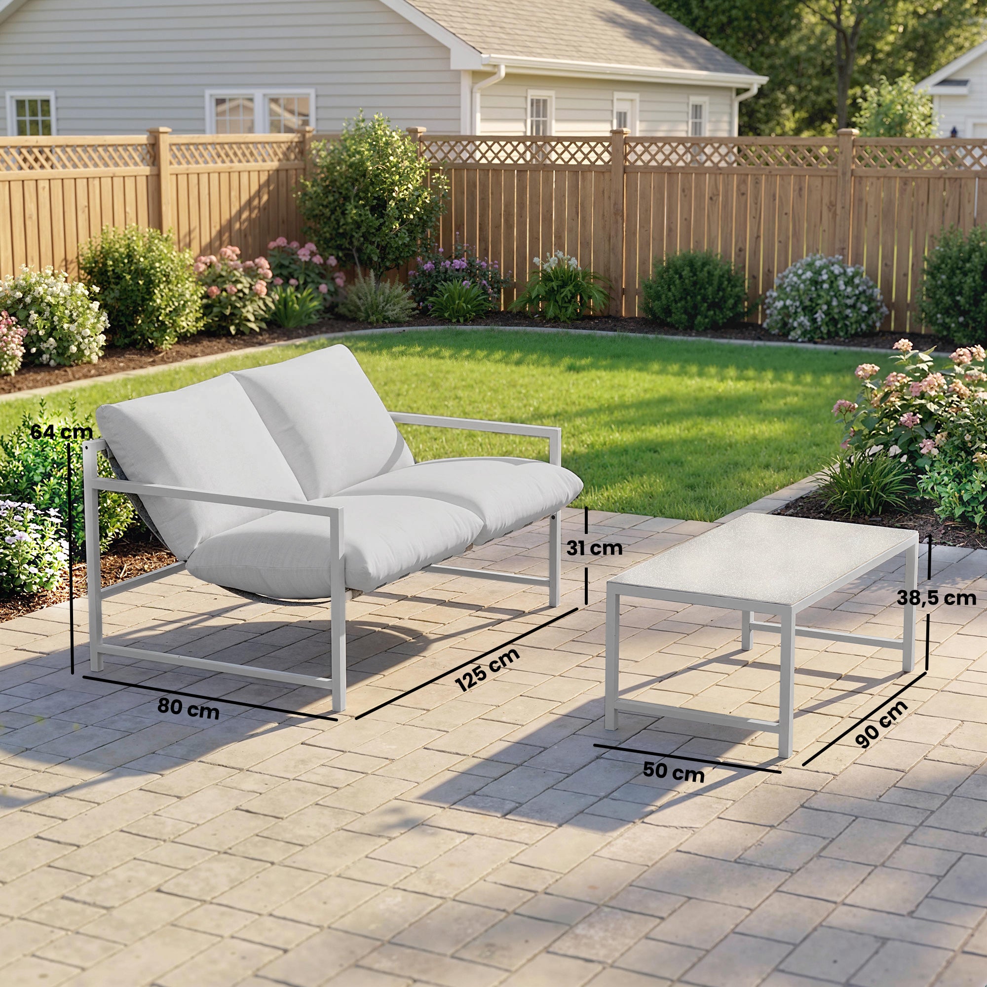 Solarias Salon de Jardin Extérieur 2 Pièces, Canapé avec Coussins, Table Basse en Verre Trempé Marbré 3D, 125x80x64cm, Gris 