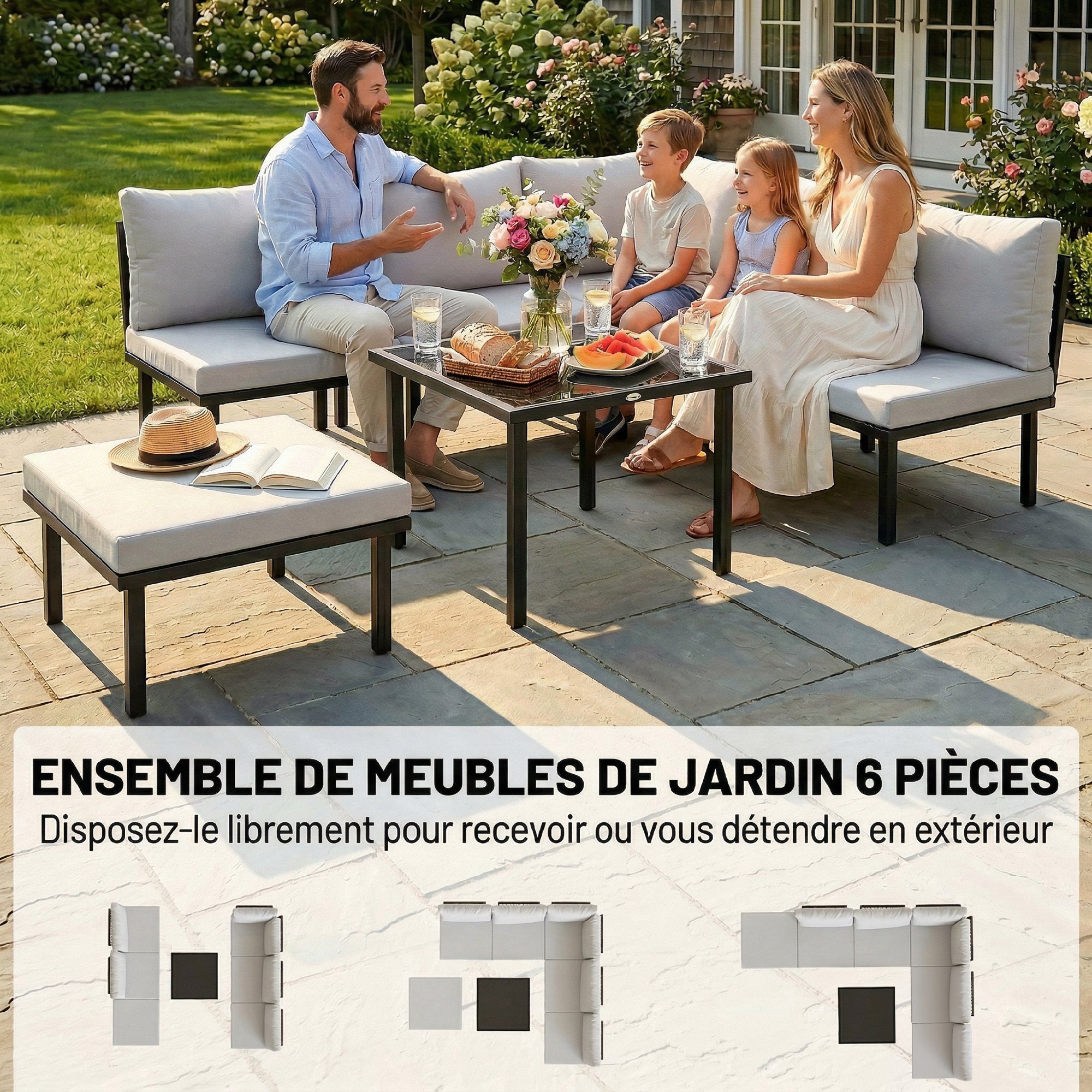 Solarias Salon de jardin extérieur d'angle modulable 6 personnes, table basse avec plateau en verre trempé, gris clair