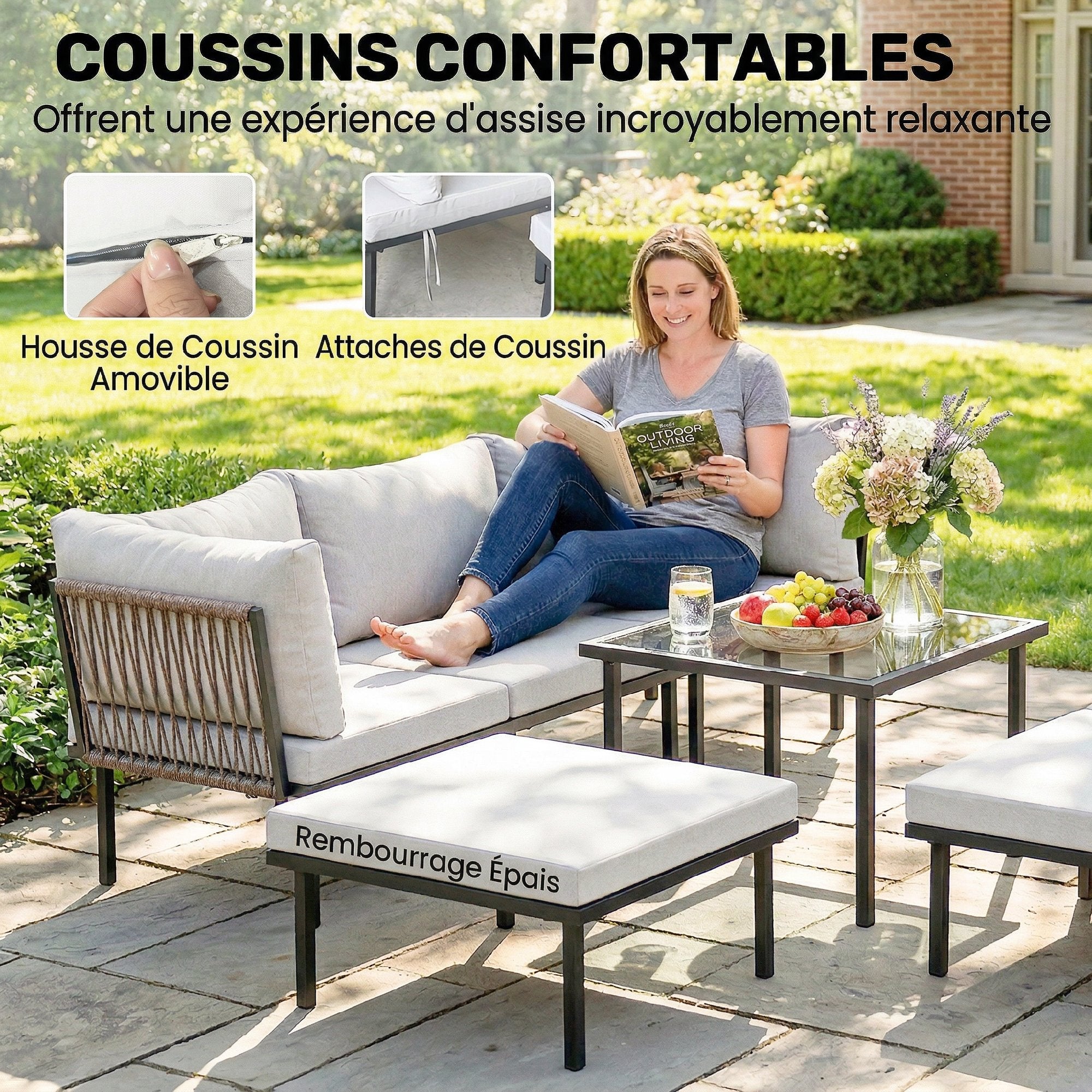 Solarias Salon de jardin extérieur d'angle modulable 6 personnes, table basse avec plateau en verre trempé, gris clair