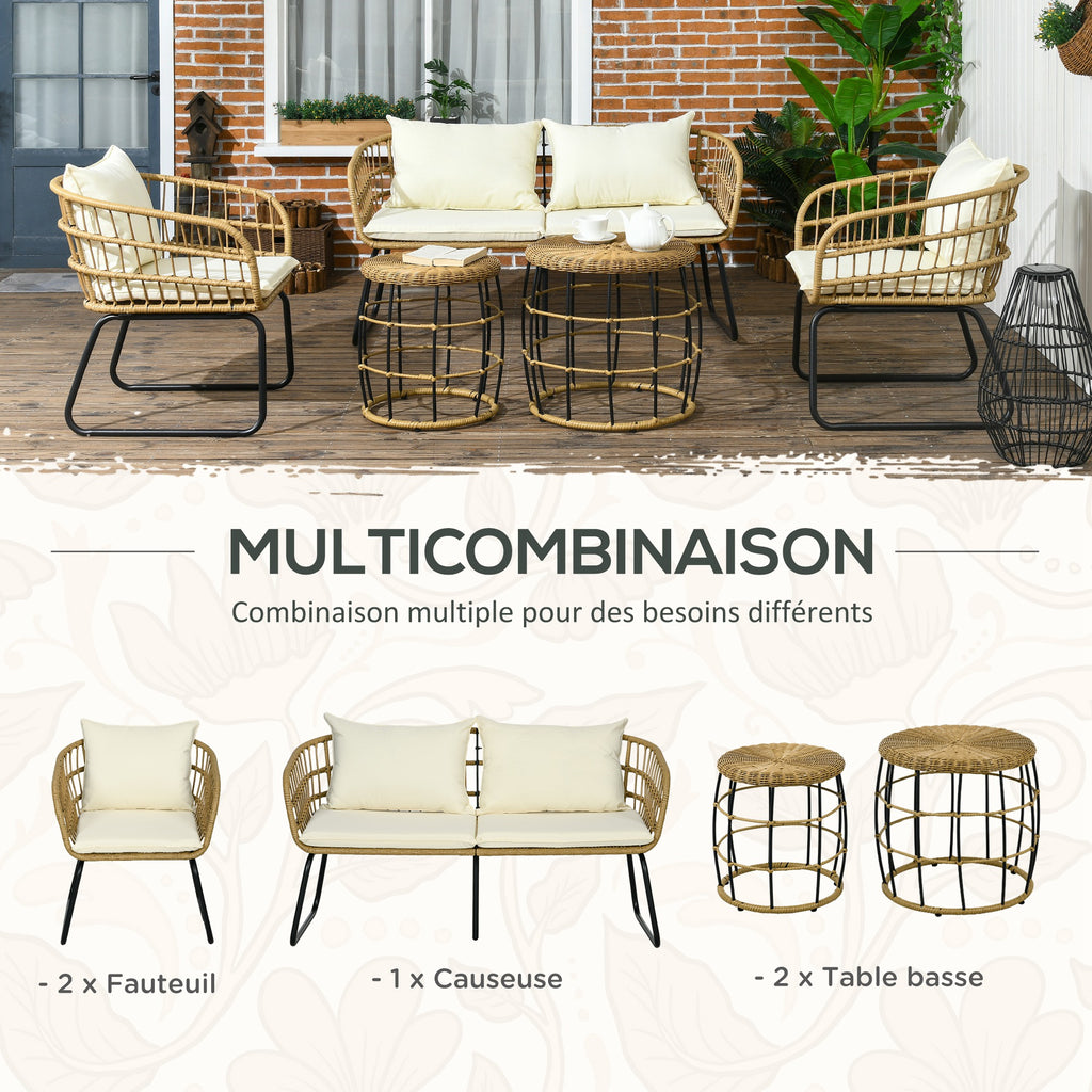 Solarias Ensemble salon de jardin meubles d'extérieur 4 places 2 fauteuils 1 canapé 2 places et 2 tables basses coussins inc