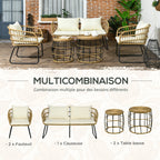 Solarias Ensemble salon de jardin meubles d'extérieur 4 places 2 fauteuils 1 canapé 2 places et 2 tables basses coussins inc