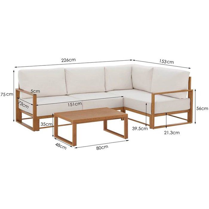 Solarias Salon de jardin canapé d'angle SANTA - Aluminium effet bois - 5 personnes - Ecru