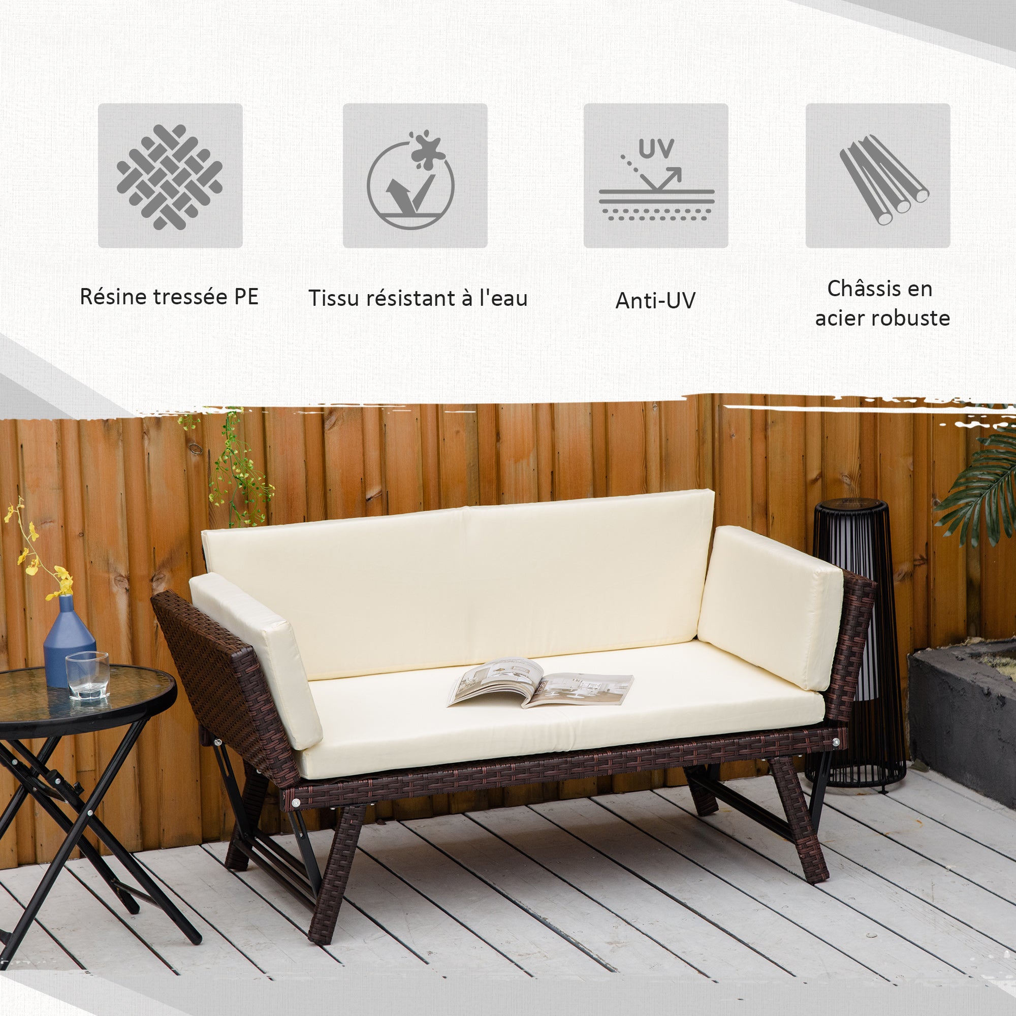 Solarias Canapé lit de jardin extensible 3 places grand confort 4 coussins écru inclus résine tressée imitation rotin chocol