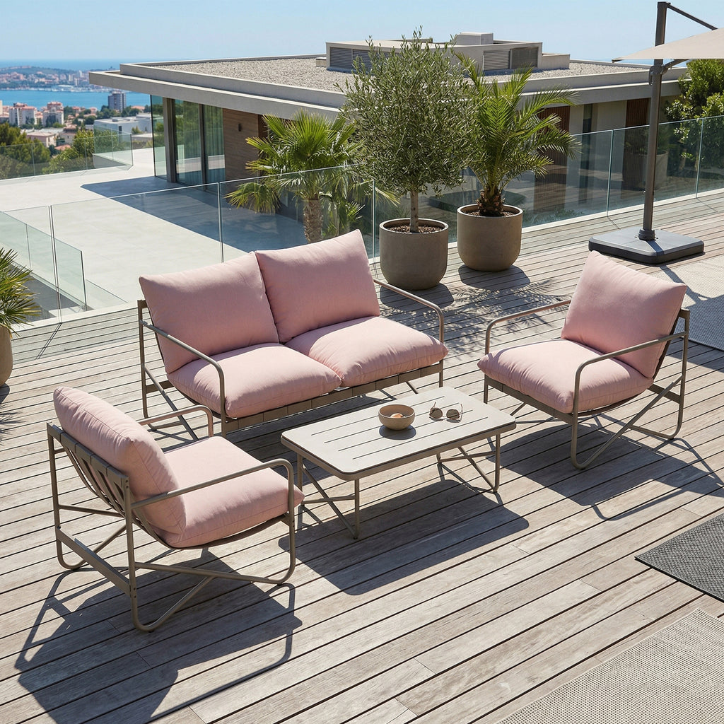Solarias Ensemble de jardin 4 personnes : Canapé, Fauteuils, Table, Métal, Rose
